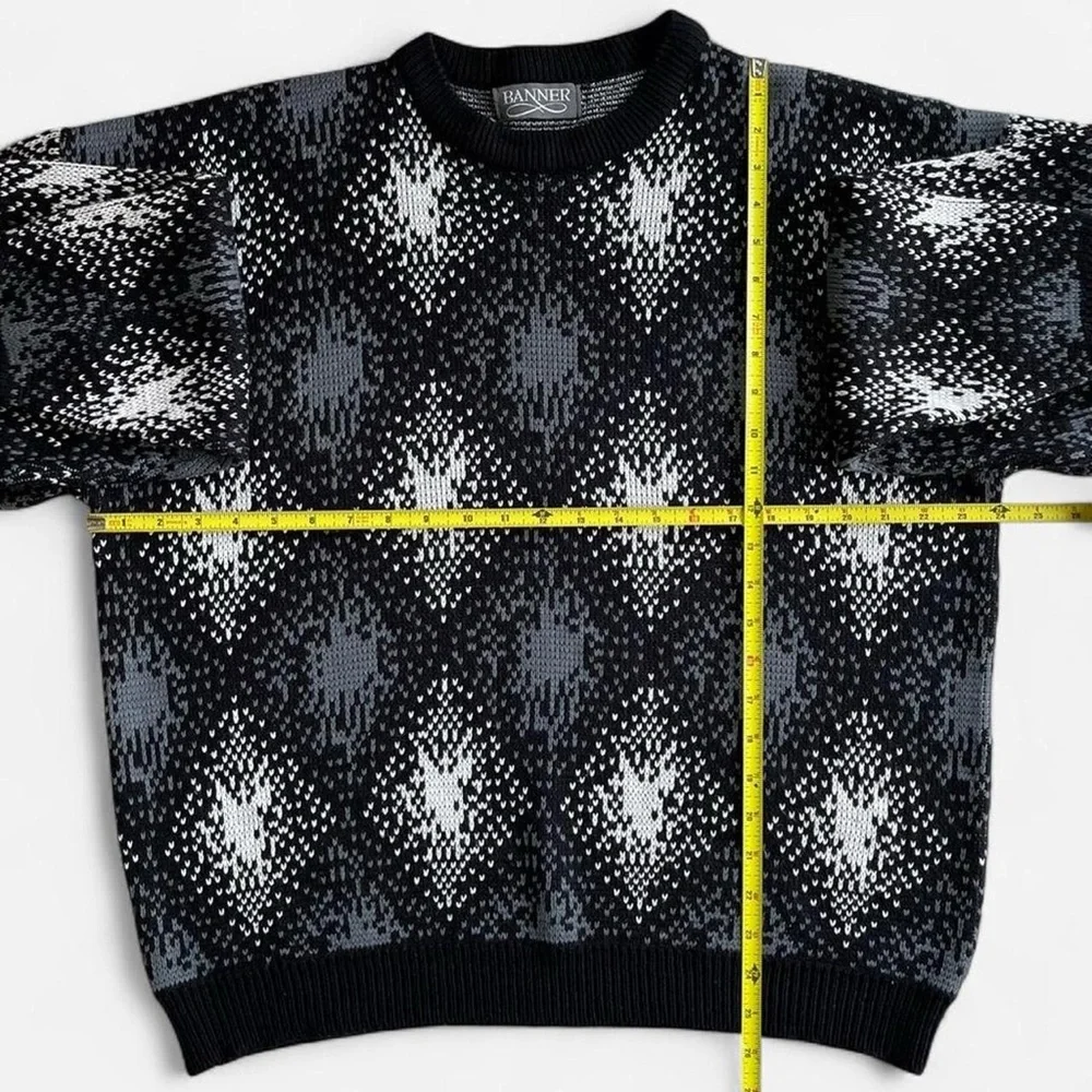 Vintage Banner Black Grey White Acrylic Knit Diamond Geometric Crewneck Sweater